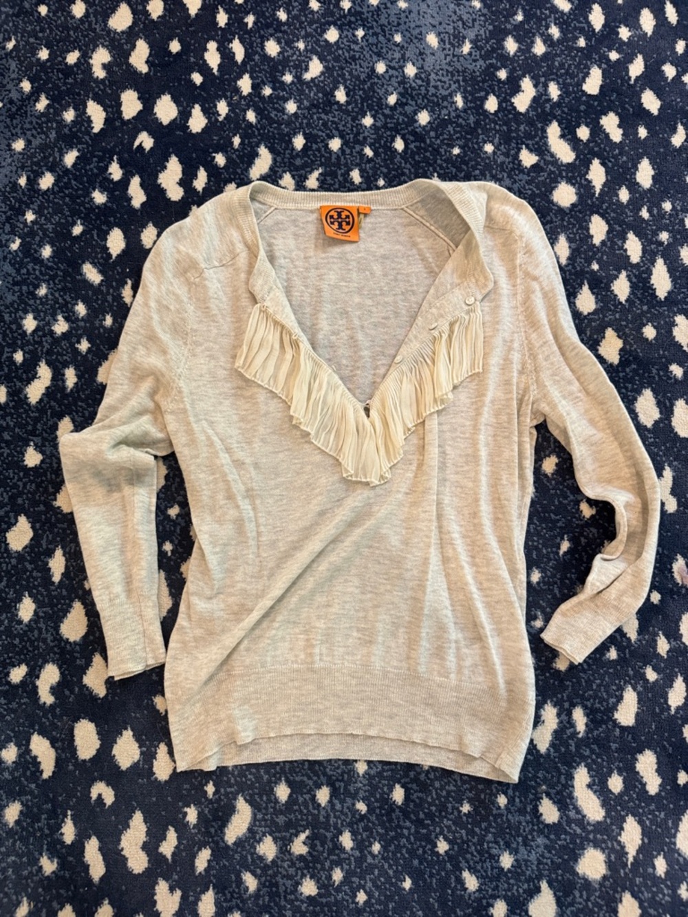 Tory Burch Light Beige  Fringe ruffle  V-Neck Sweater cardigan top